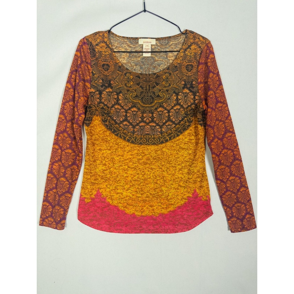 Sundance Orange Yellow Pink Lace Print Scoop Neck Long Sleeve Top Boho Womens XS